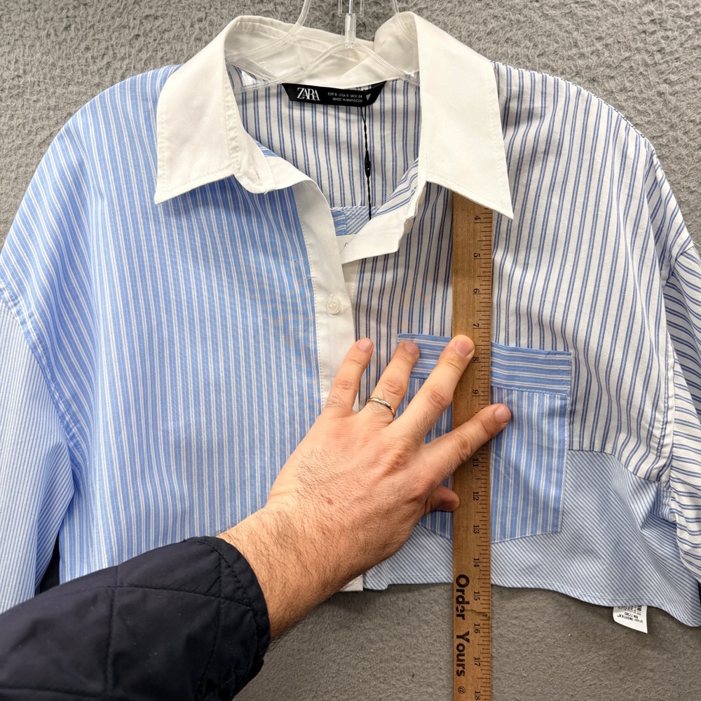 NWT Zara Blue Striped Patchwork Cropped Long Sleeve Button Up Top Shirt Size S - Picture 5 of 12